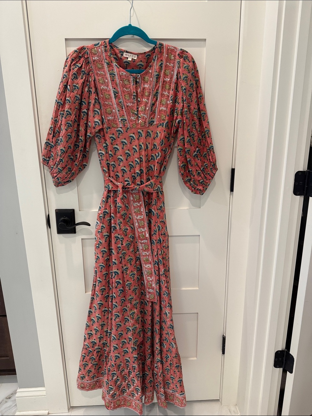 Marea by Liz Joy Boho Coral Floral Maxi Dress with Tie Waist